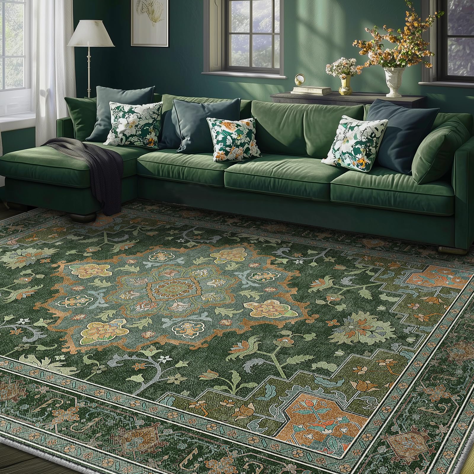 CAPALOCA Machine Washable Rugs Nursery Rug 9x12 Area Rugs Non Slip Low Pile Water Repellent Soft Print Pattern for Bedroom Indoor Decor Kids Playroom Green Image