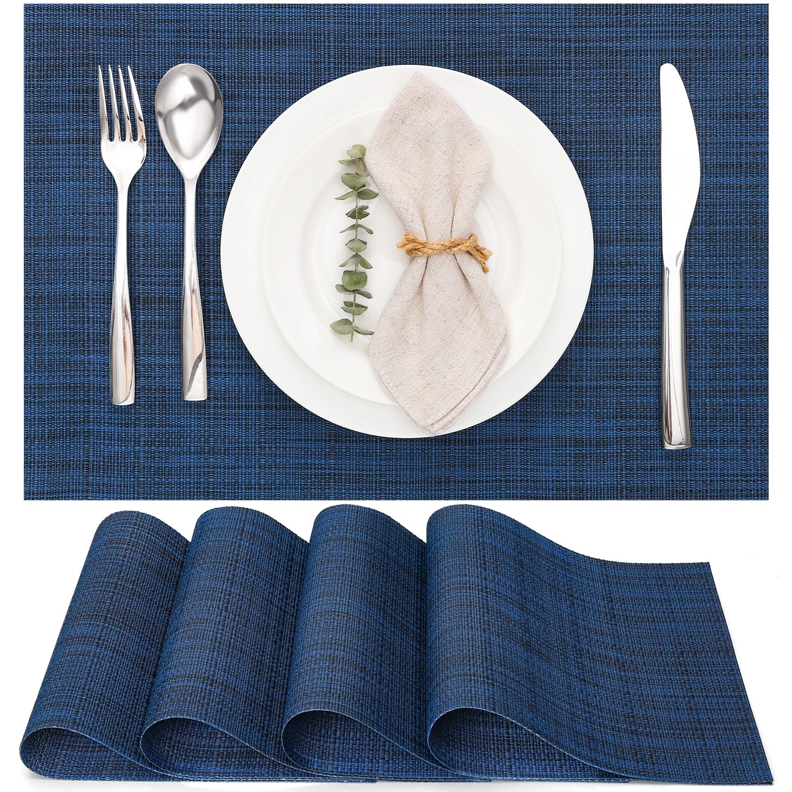 Myir JUN Table Mats Set of 4, Place Mats Table Placemats Washable Non-slip Heat Insulation Woven Vinyl for Kitchen Dinning Restaurant 17"X12" (Ocean Color)