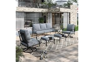 HERA'S HOUSE 5 Piece Patio Furniture Set, 2 x Swivel Chair, 2 x Ottoman, 1 x 3-Seat Sofa, All Cushioned Outdoor Conversation Set for Lawn Garden Backyard Deck, Grey