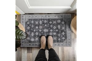 Adiva Rugs Machine Washable 2x3 Area Rug with Non Slip Backing for Living Room, Bedroom, Bathroom, Kitchen, Printed Vintage Home Decor, Floor Decoration Carpet Mat (Black, 2' x 3')