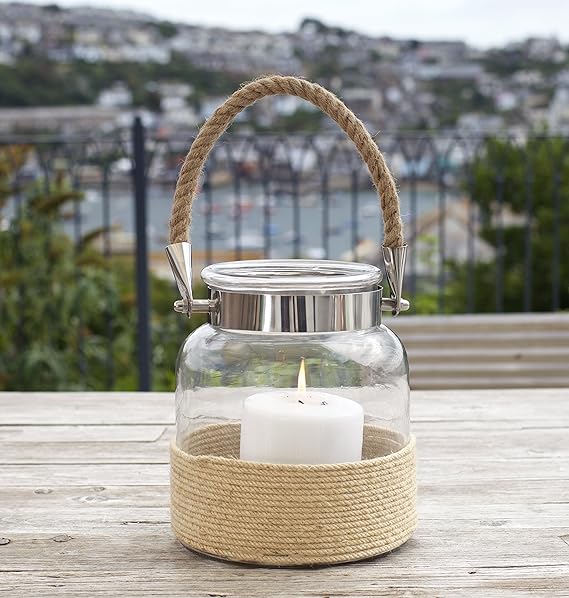 SALE Glass Jar Candle Lantern Natural Rope Handle Excellent