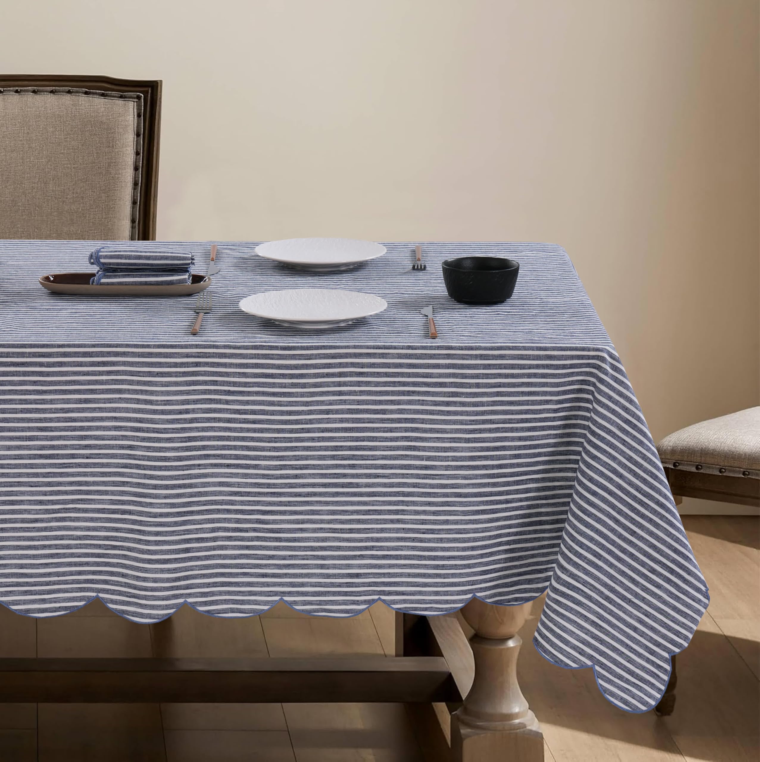 Photo 1 of AORISSI 100% French Flax Linen Tablecloths Scalloped Embroidery Rectangle 120Lx60W Inch for Dinners, Parties, Spring, Machine Washable, 10-12 Sets, Blue Stripe(Edges-Blue)