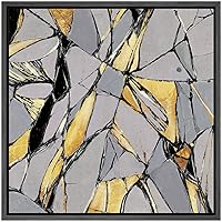 SIGNWIN Framed Canvas Wall Art Gray, Gold, Black Lines and Color Blocks Abstract Brushstroke Oil Painting Modern Art Chic Expressive for Living Room, Bedroom, Office - 16x16 inches