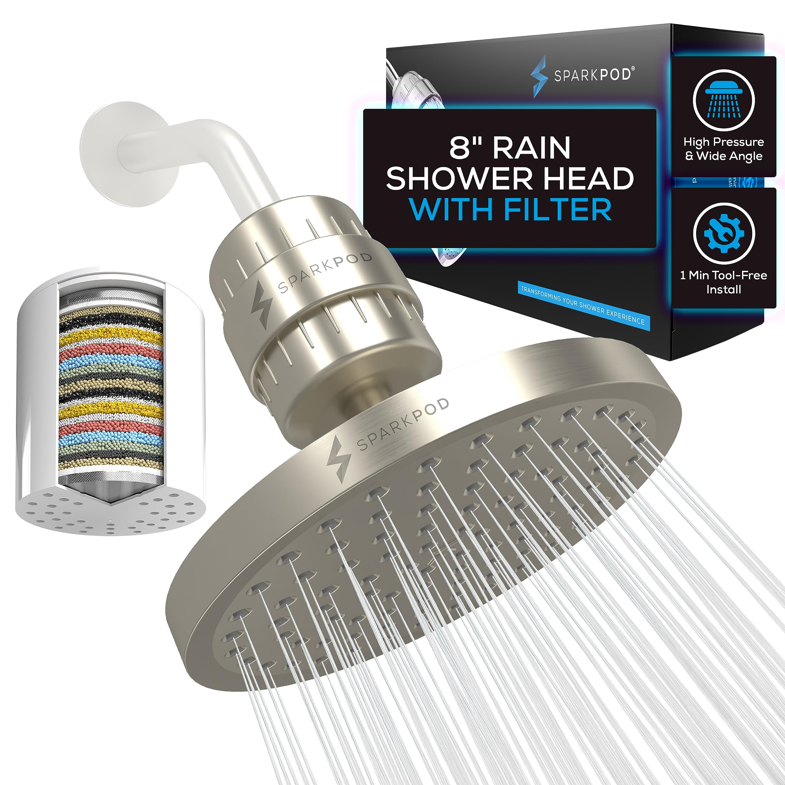 SparkPod Luxury Filtered Shower Head Set 23 Stage Shower Filter - Reduces Chlorine and Heavy Metals - High Pressure Showerhead Filter (8" Round, Elegant Brushed Nickel) Image
