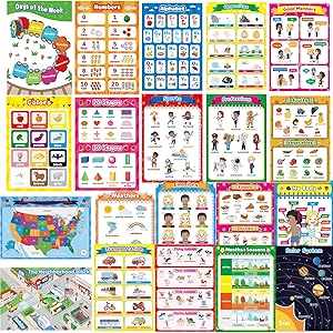 20 Pack Matte Educational Posters Charts for Toddler Kid Kindergarten Preschool Home School Teacher Learning Material Nursery Classroom Decoration Wall Hanging Picture with Erasable Marker 16