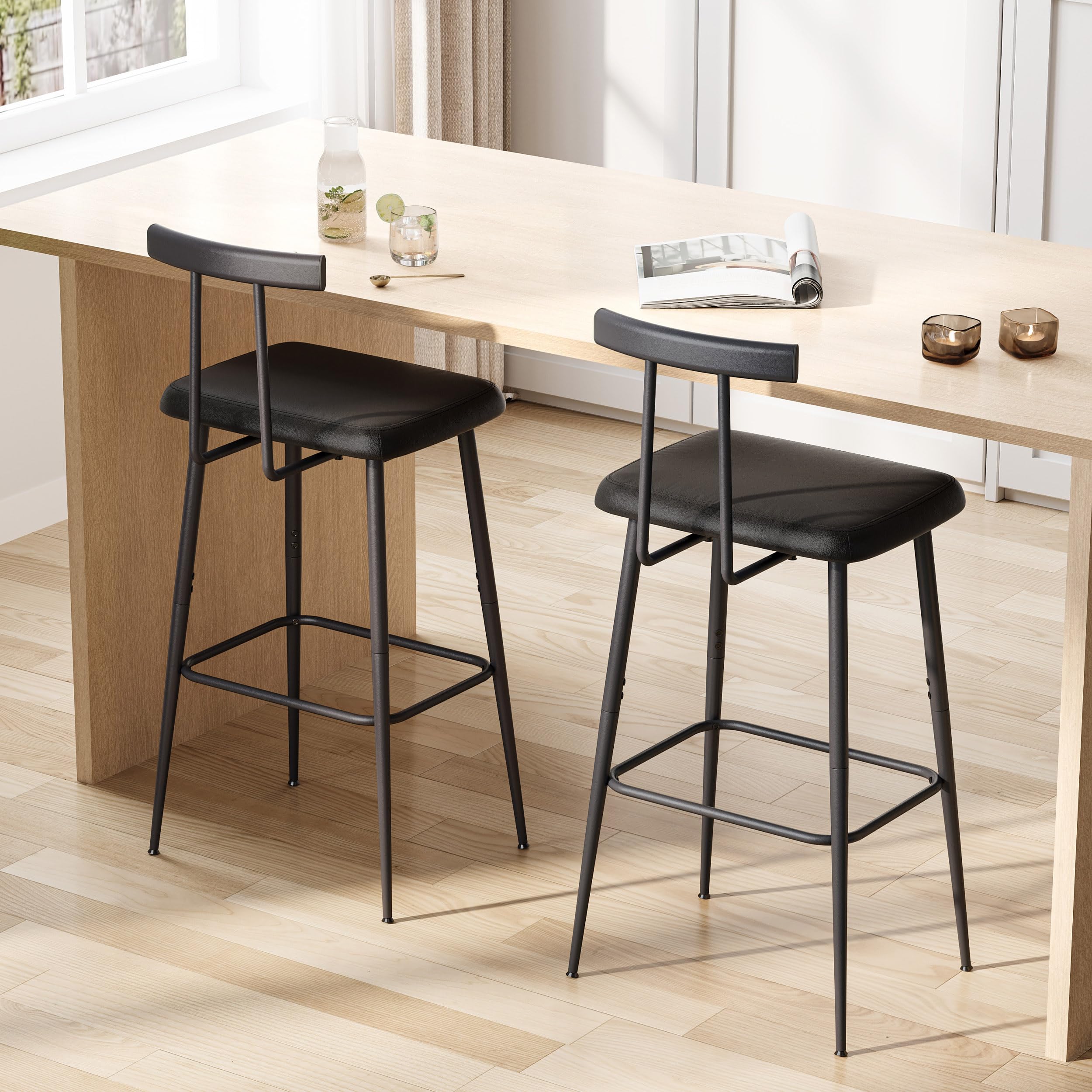 Photo 1 of ***MISSING PARTS FINAL SALE NO REFUND NO RETURN*** YAUKTAK Bar Stools Set of 2, Tall Bar Stools with Backrest and Footrest, Counter Height Bar Chairs, Industrial Barstools with PU Leather Cushion, for Kitchen, Dining Room, Bar, Cafe (Black) KBS515B