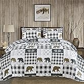 Market & Place Rustic Quilts Full/Queen Size | 3-Piece Cabin Comforter Set with Shams | Reversible Lodge Bear Bedding for All Season | Orson Collection (Full/Queen, Grey/Brown)