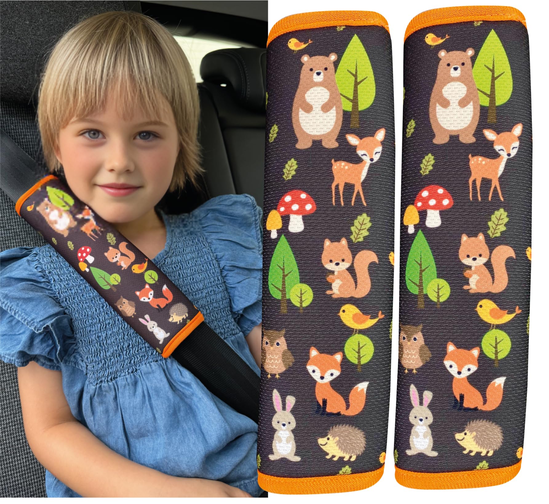 HECKBO 2X Kids Car Seat Belt Pads Seat Belt Protectors - Forest Animals - Seat Belt Pads for Kids and Babies- Ideal for Any Seat Belt Car Booster Seat Kids Bicycle