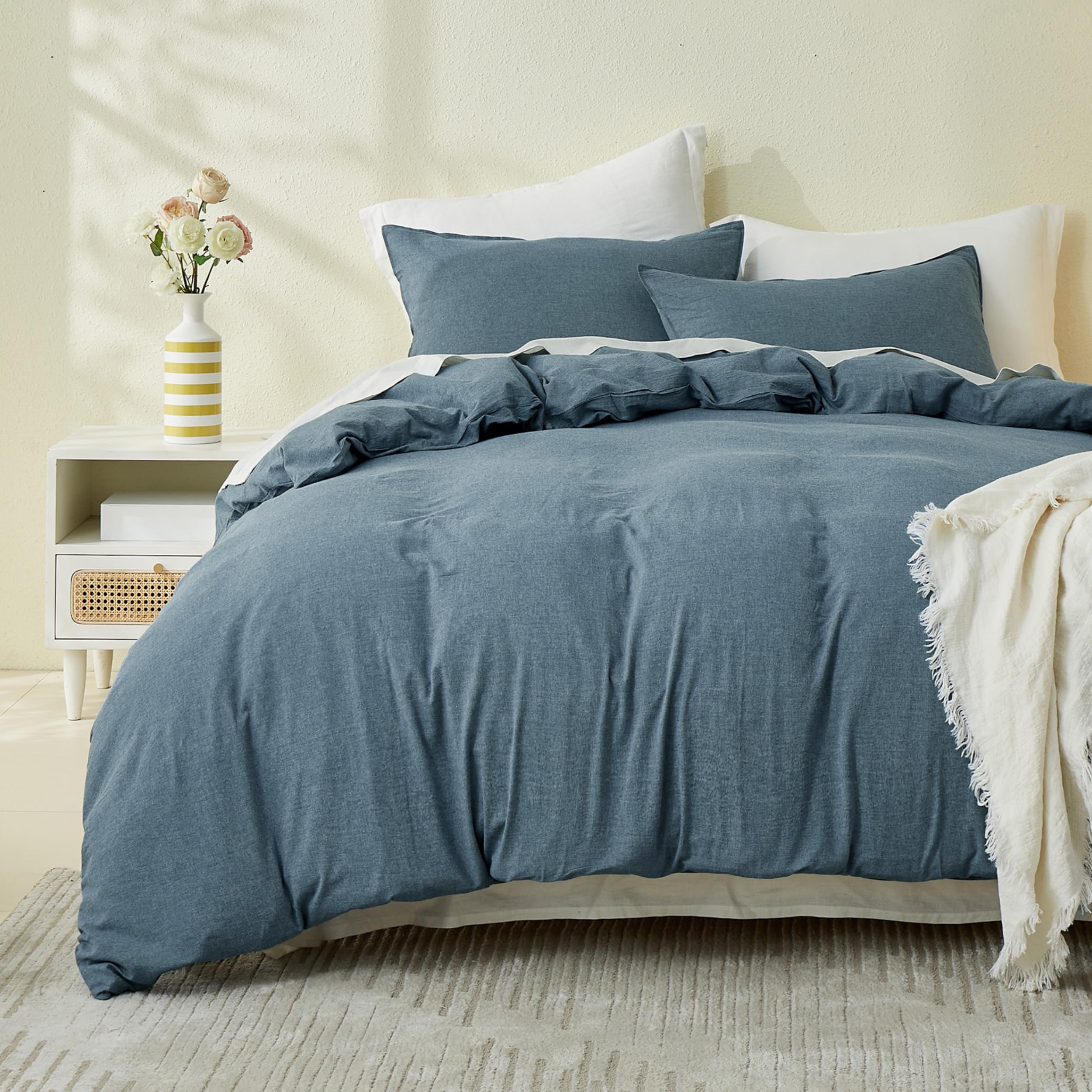 Simple&Opulence Double Duvet Cover Sets, 100% Washed Cotton Soft Cozy Quilt Cover, 3 Pcs Modern Linen-Look Bedding Set with Zipper Closure (Blue,200x200cm)