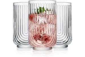 Glaver's Drinking Glasses Set of 8. 17oz Vintage Drinking Cups. Ripple Cocktail Glasses, Ribbed Drinking Highball Glass Cups.