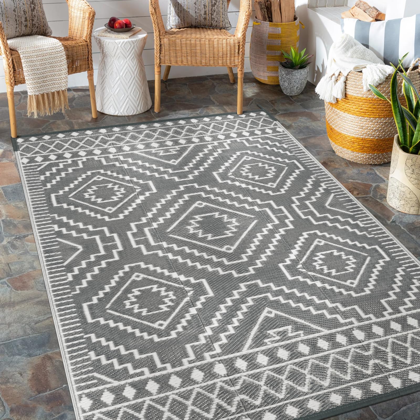 Photo 1 of Wonnitar Waterproof Outdoor Rug 5x8, Reversible Plastic Straw RV Rug for Camping, Outside Patio Area Rug, Indoor Outdoor Portable Mat for Picnic Backyard Balcony Deck Decor, Grey