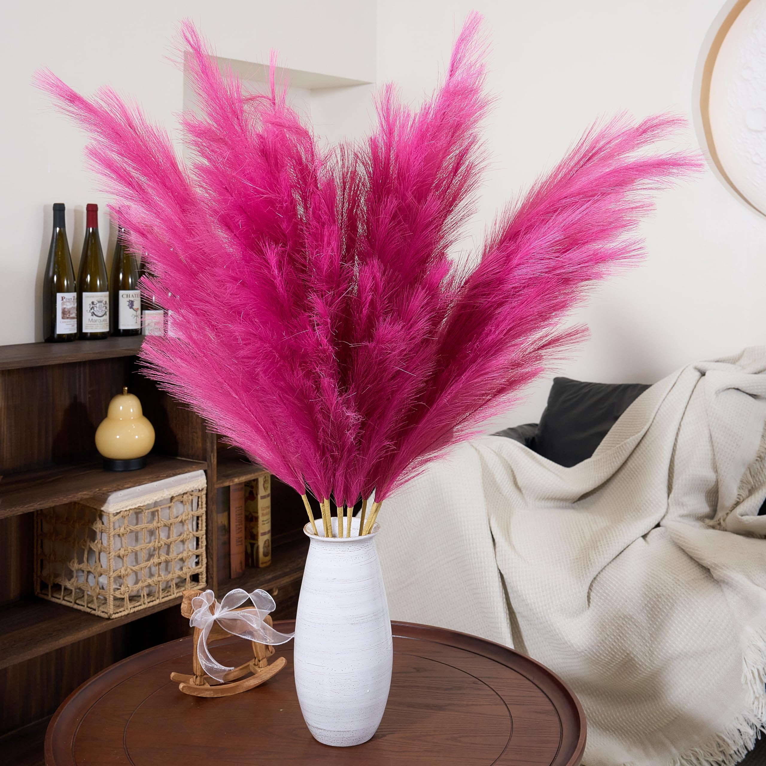 Premium Faux Pampas Grass Decor Tall,8pcs 43.3" Large Artificial Pampas Floral Fluffy,Long Feather Flowers for Boho Wedding Arangement Bedroom Living Room Decorations (hot pink, 8pcs 43.3"/110cm)