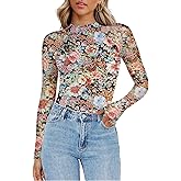 Zeagoo Long Sleeve Shirts for Women Floral Mesh Sheer Top Mock Neck Double Lined Fitted Going Out Blouses