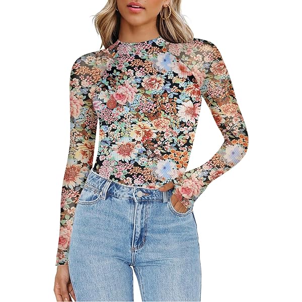 トップス Print Sheer High Neck Zeagoo Womens Mesh Sheer Long Sleeve Top Mock Turtle Neck See