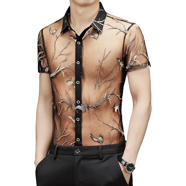 MOKEWEN Men's Punk Elegant See-Through Lace Short Sleeve Shirt | Gothic & Rock Style