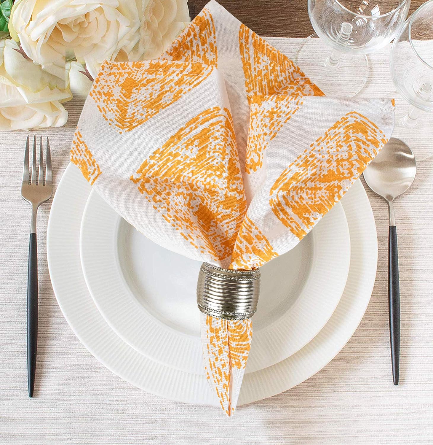 Elvana Home 12 Pack Cloth Dinner Napkins 100% Cotton 18x18, Cocktail Napkins, Wedding Dinner Napkins Bulk, Soft Durable Comfortable Machine Washable Cotton Dinner Napkin Set Black White: Home & Kitchen