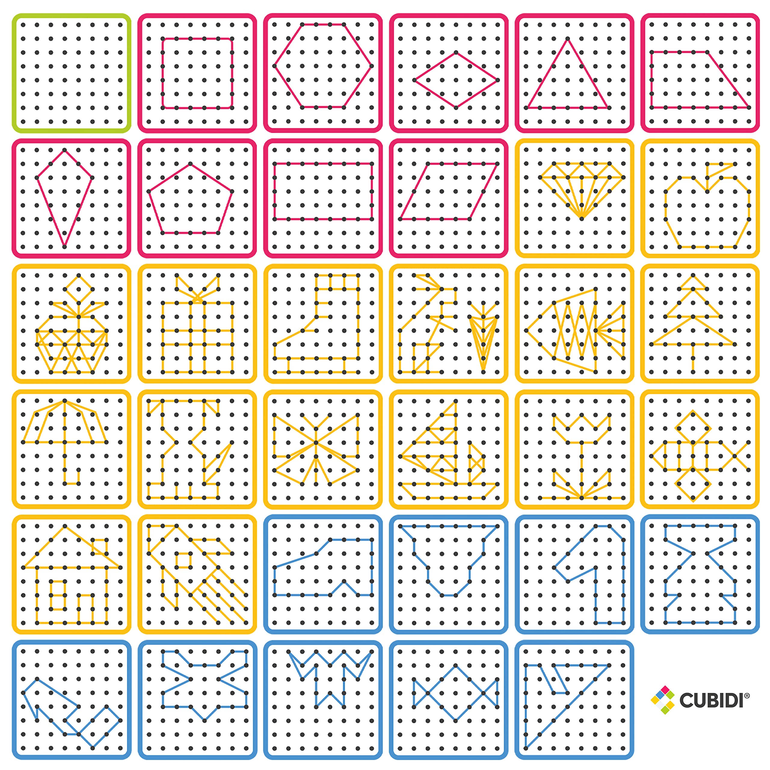 CUBIDI® Kreatives Montessori Geobrett für spannende Figuren - Feinmotorik Lernspielzeug - Geoboard ab 5 Jahre Geschenk für Jungen und Mädchen - Sequenzielle Puzzles 8