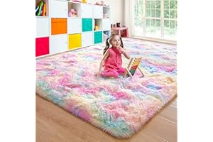 junovo Soft Rainbow Area Rugs for Girls Room, Fluffy Colorful Rugs Cute Floor Carpets Shaggy Playing Mat for Kids Baby Girls Bedroom Nursery Home Decor, 4ft x 6ft Tie-Dyed Rainbow