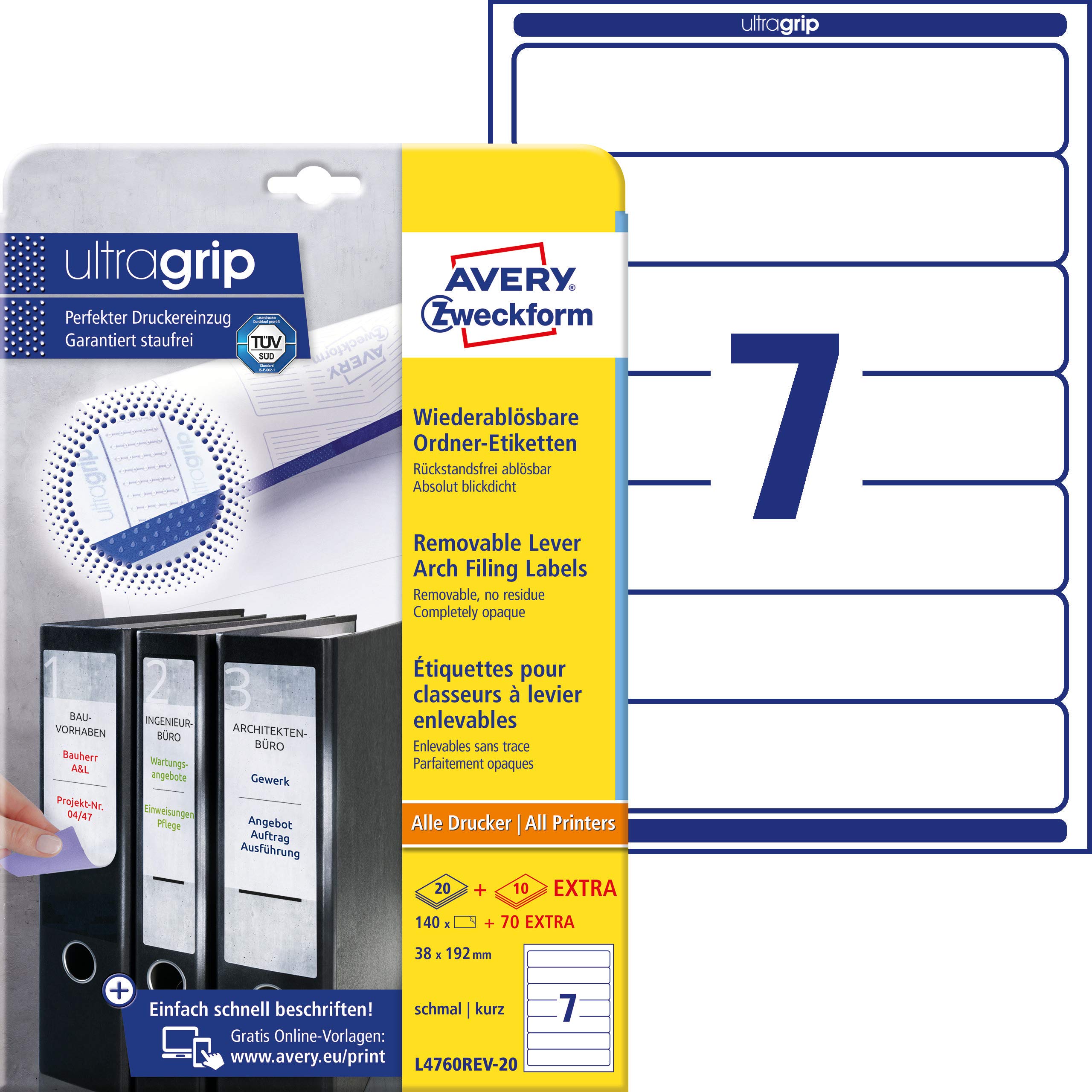 Avery Zweckform L4760REV Folder Labels A4, Removable 38 x 192 mm 20 Sheets White Pack of 140