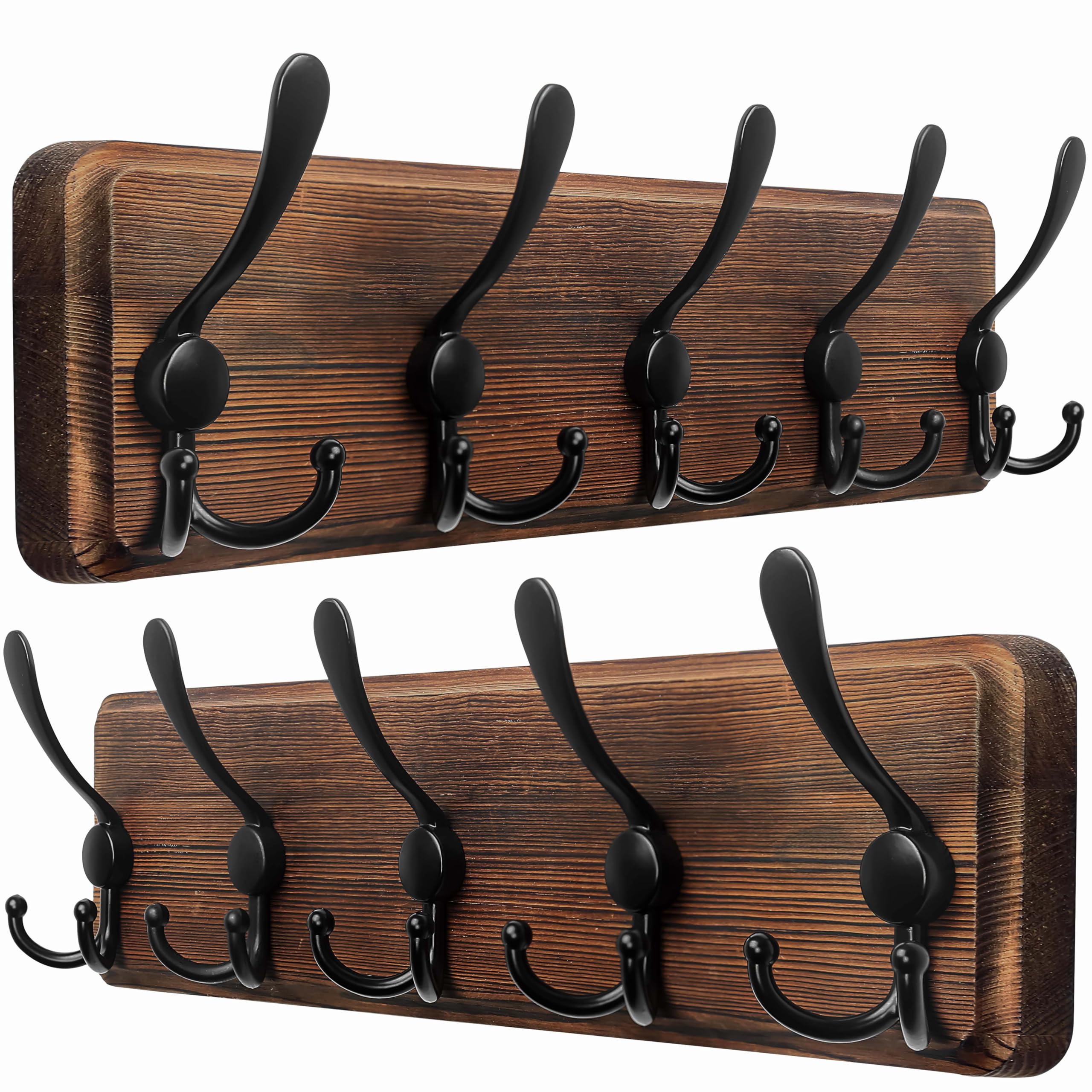 Dseap Coat Rack Wall Mount - Patented, Heavy-Duty, Rustic Wooden Wall Coat Hanger Hook Rail with 5 Triple Hooks for Winter Coats Hat Jacket Clothing, Natural & Black, Pack of 2