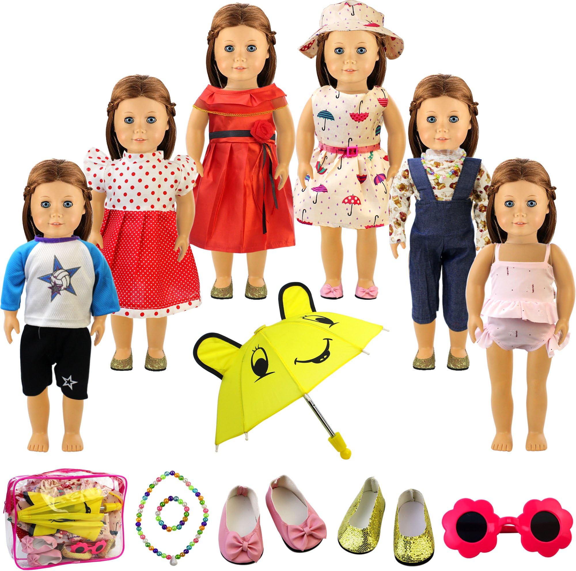 HOLICOLOR 13pcs Girl Doll Clothes Dress for American 18 Inch Doll Clothes and Accessories - Including 6 Complete Set of Clothing Outfits with Hat, Shoes, Umbrella, Bag and Necklace