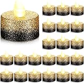 Retisee 48 Pcs Flameless LED Tea Lights Gold Black Glitter Electric Fake Candles for Centerpieces Battery Operated Anniversary Decorations Romantic Winter Decor for Wedding Festival Christmas Birthday