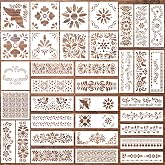 Marspark 35 Pcs Talavera Stencil Floral Reusable Mexican Talavera Stencil | Folk Art Corner Designs, Floral Border Corner Drawing Tool, Talavera Tile Style for Furniture Wall Floor, Home Decor Crafts