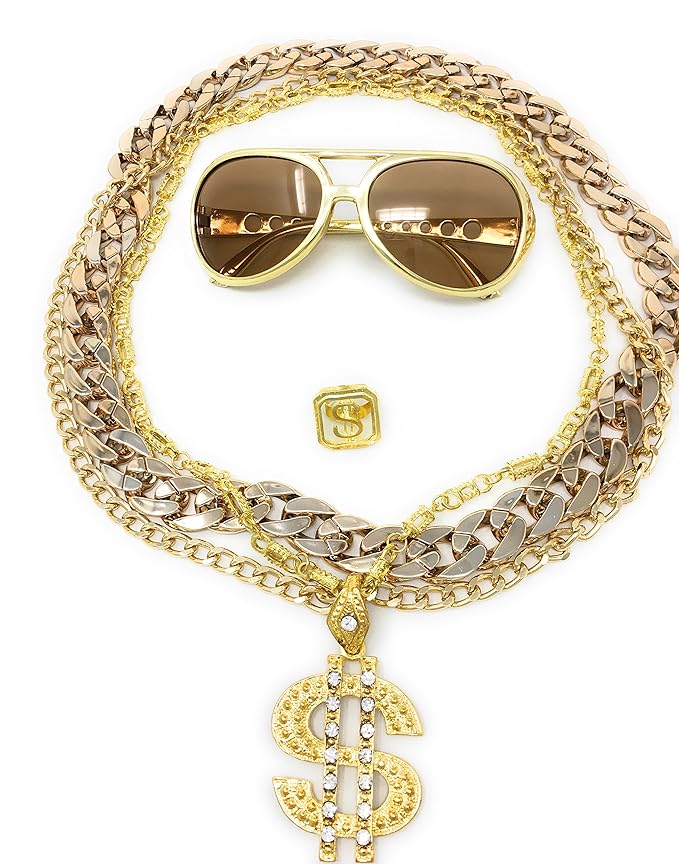 BABO Lude Macho Prolethen Hiphop Rapper Sets 4 bis 5 teilig Ketten Brille Ring (Rockstarbrille-Dollarkette)
