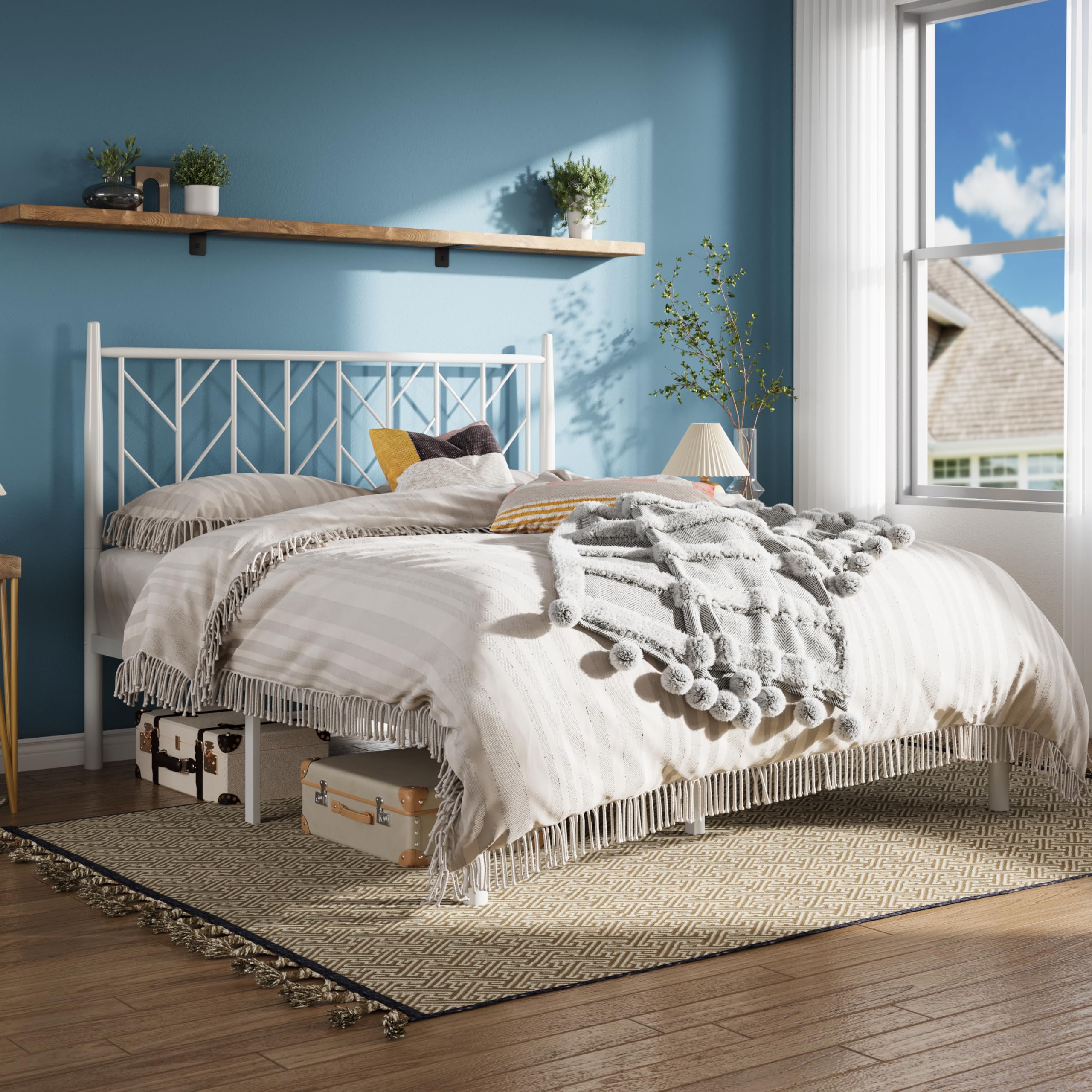 Allewie Queen Size Platform Bed Frame with Vintage Headboard, 14 Inches Metal Mattress Foundation for Storage, No Box Spring Needed, Easy Assembly, Modern, White Image Allewie Queen Size Platform Bed Frame with Vintage Headboard, 14 Inches Metal Mattress Foundation for Storage, No Box Spring Needed, Easy Assembly, Modern, White Image