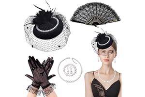 YinnFeen Fascinator Hat, 6 Pcs Vintage Tea Party Hat, Mesh Veil Headband with Lace Glove Pearl Necklace Earrings Bracelet Fan