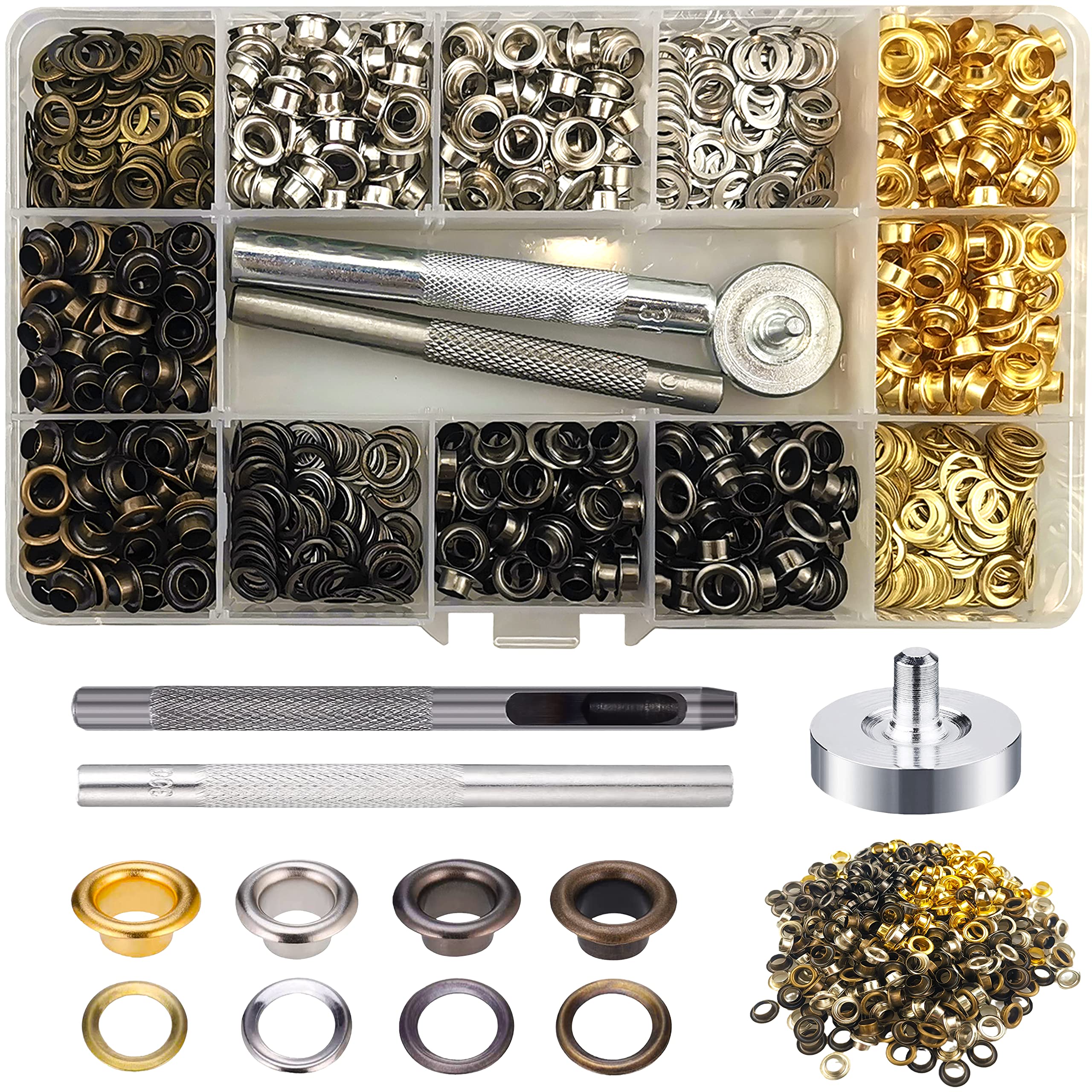 680 Sets Eyelet Punch Kit, 5mm 4 Colors Eyelet Grommet Kit, Brass Metal Eyelets with 3Pcs Setting Tools for Canvas, Tarpaulin, Leather, Tent, Awning, DIY Craft Fabric