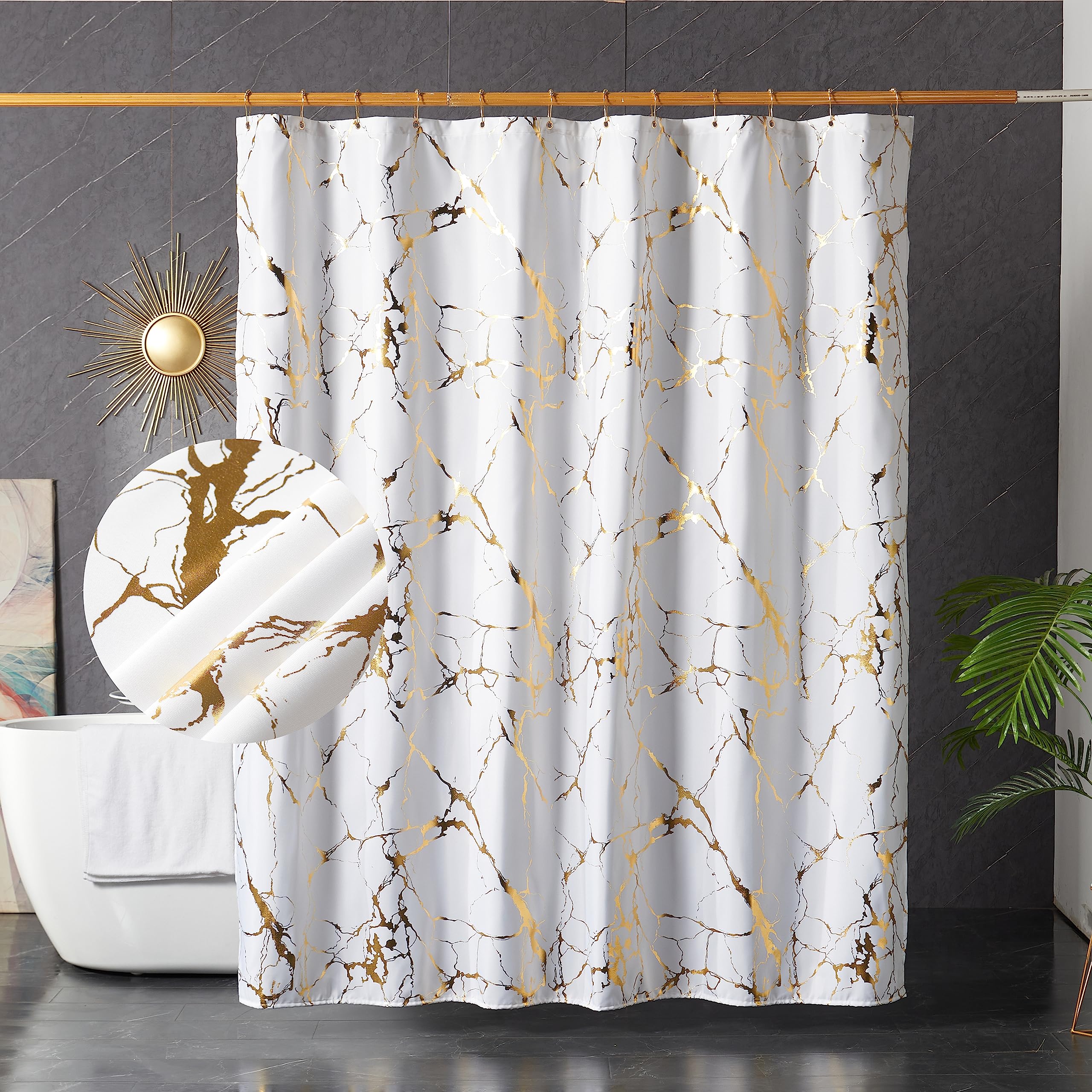 Photo 1 of HYAWGE White and Gold Marble Shower Curtains for Bathroom,Glitter Shower Curtain with Hooks,Unique Foil Gold Printed,Water Proof,Washable,Fabric Shower Curtain,Standard 72x72 Inches