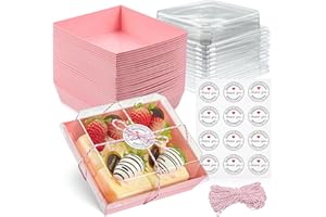 Leafiew 50 Pack Bakery Boxes - Small Dessert Boxes To Go - 5 Inch Paper Mini Cake Boxes, Clear Treat Boxes, Disposable Cookie Cake Slice Containers for Charcuterie, Strawberries, Baked Goods (Pink)