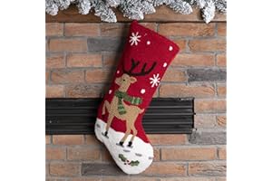 Glitzhome 19" L Reindeer Christmas Stocking Oversize Handmade Hooked Xmas Fireplace Hanging Stockings Decoration Stockings Decorations for Family Holiday Season Party Decorr