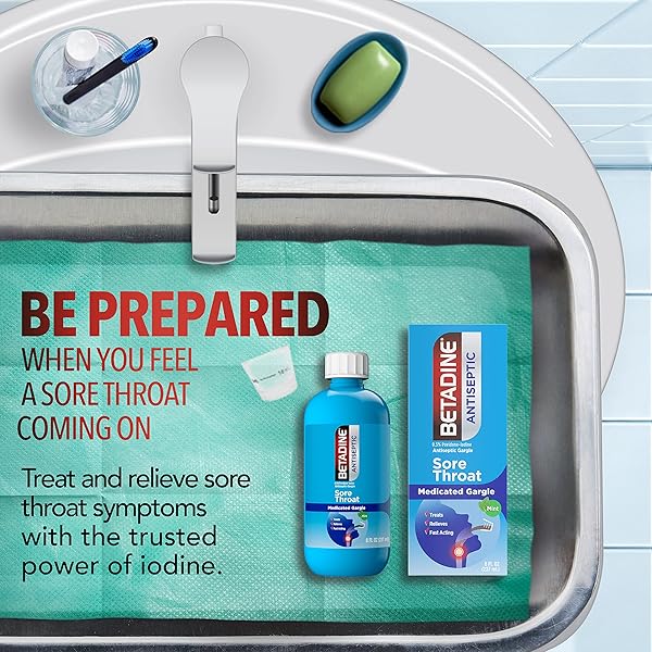 BETADINE SORE THROAT RELIEF GARGLE, 8 OZ, FAST ACTING ANTISEPTIC WITH POVIDONE-IODINE 0.5%, SORE THROAT MEDICINE, MINT FLAVOR