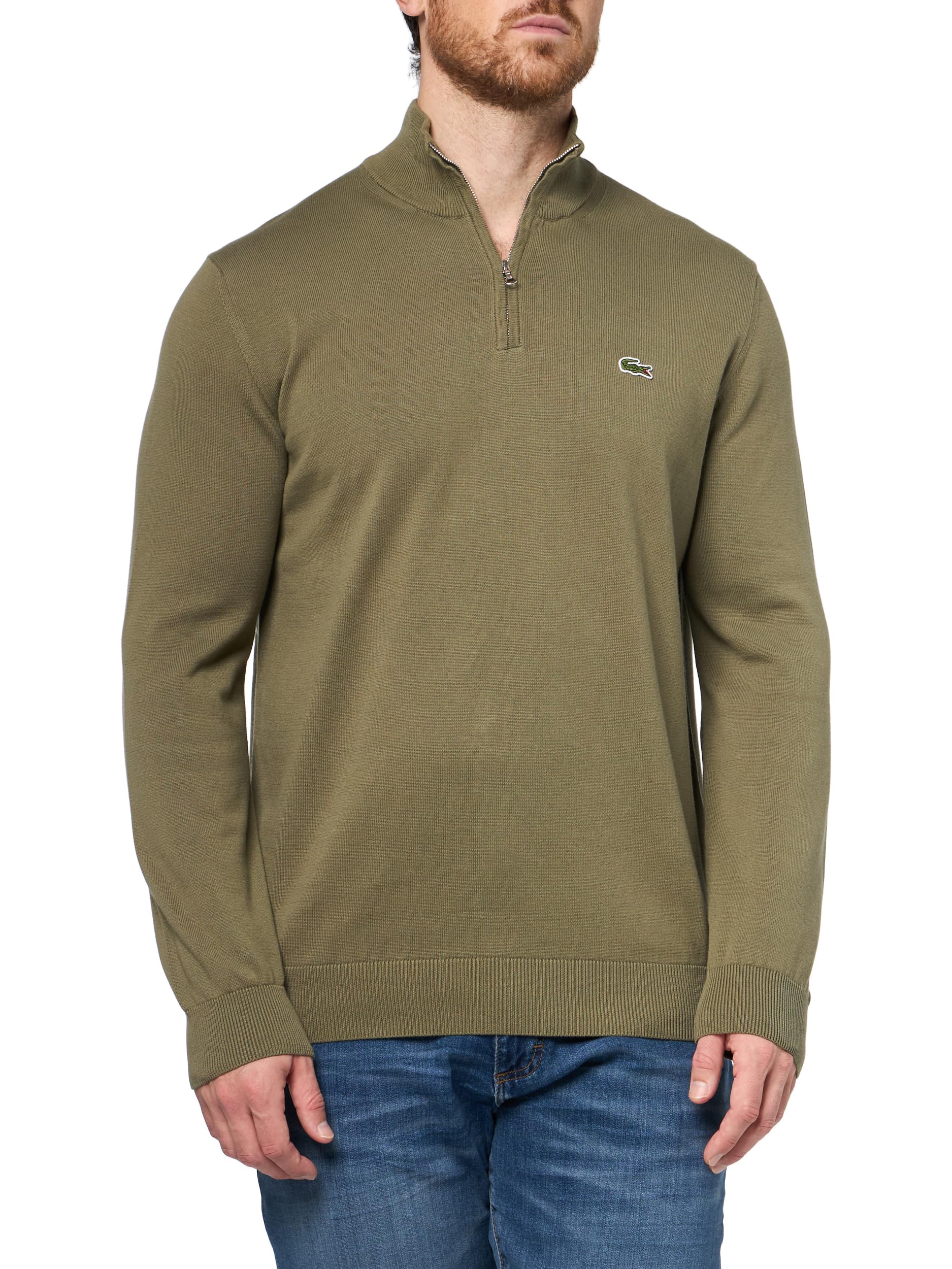 Lacoste Men’s Zipped High Neck Cotton Sweater, Olive, 3X-Large