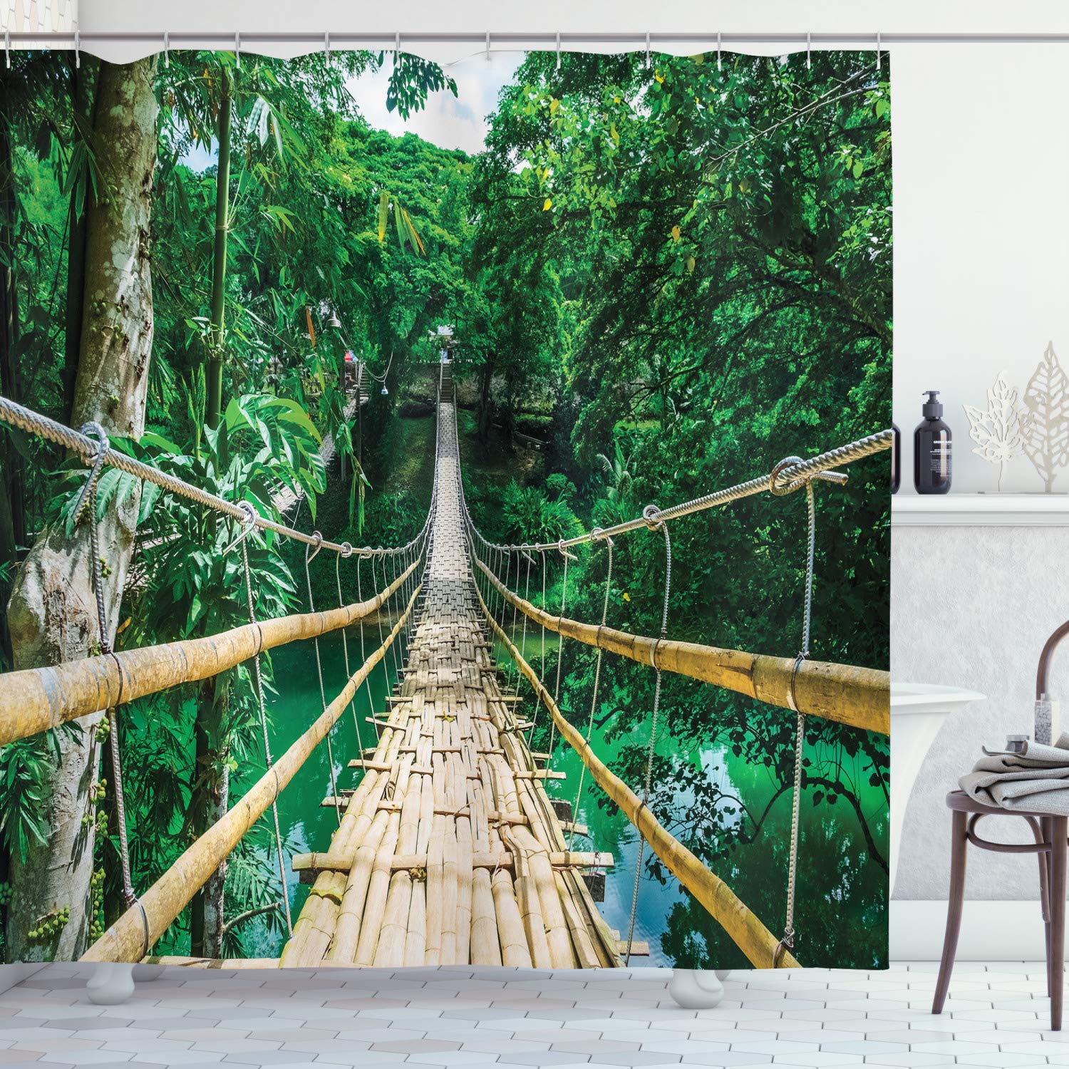 ABAKUHAUS Tropical Shower Curtain, Bamboo Pedestrian Suspension Bridge over River in Tropical Forest Philippines, Cloth Fabric Bathroom Decor Set with Hooks, 86 Inches Extra Long, Green Beige โ image 1