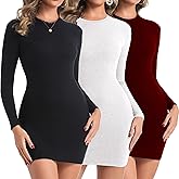 Chongbaijia 3 Pack Long Sleeve Dress for Women Ribbed Knit Crewneck Fall Winter 2026 Fashion Bodycon Mini Short Dresses