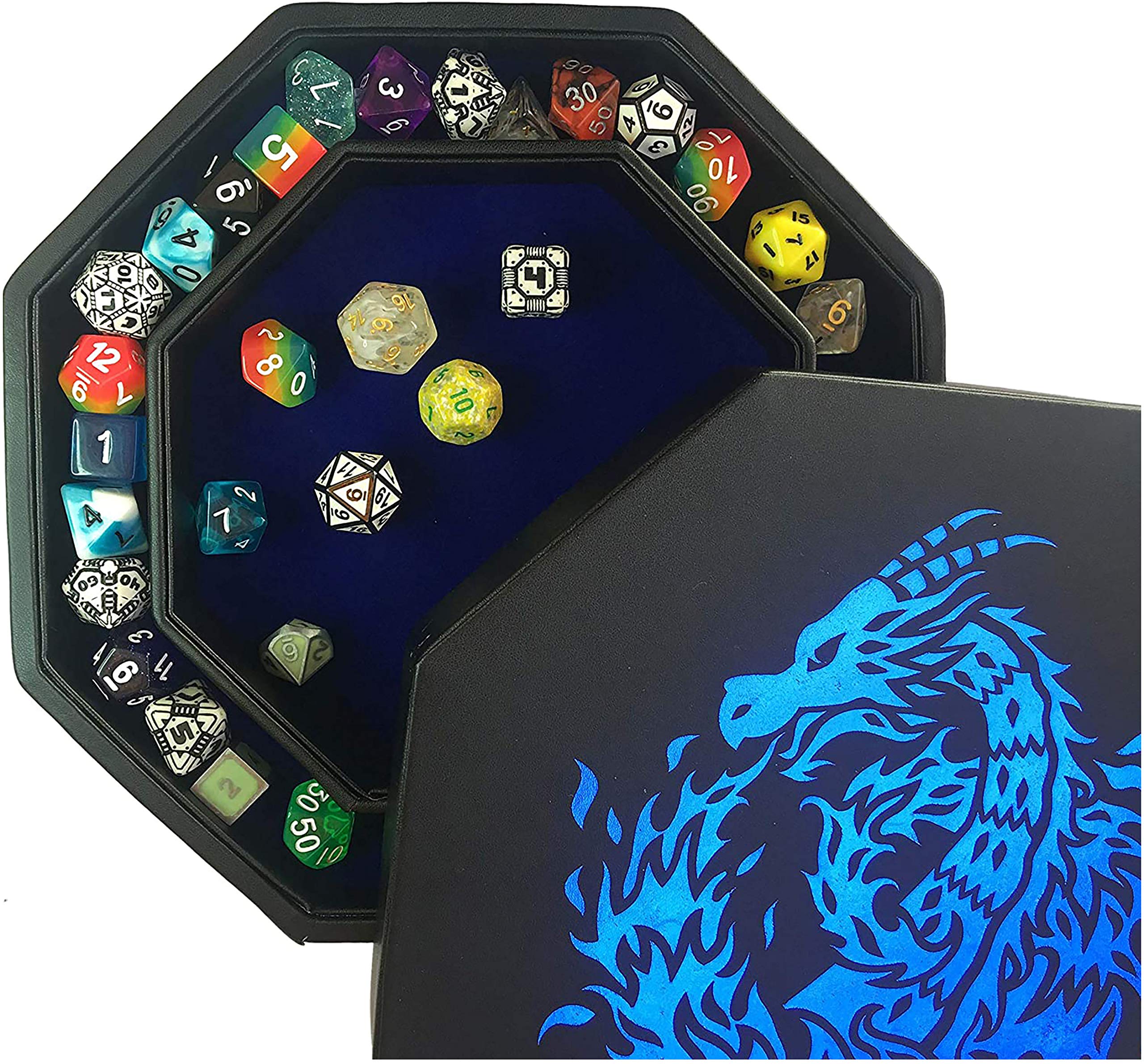 Fantasydice- Fire Dragon - Dice Tray - 20CM Octagon with Lid and Dice Staging Area- Holds 5 Sets of Dice(7 / Standard) For All Tabletop RPGs Like D&D, Call of Cthulhu, Shadowrun. (BLUE)