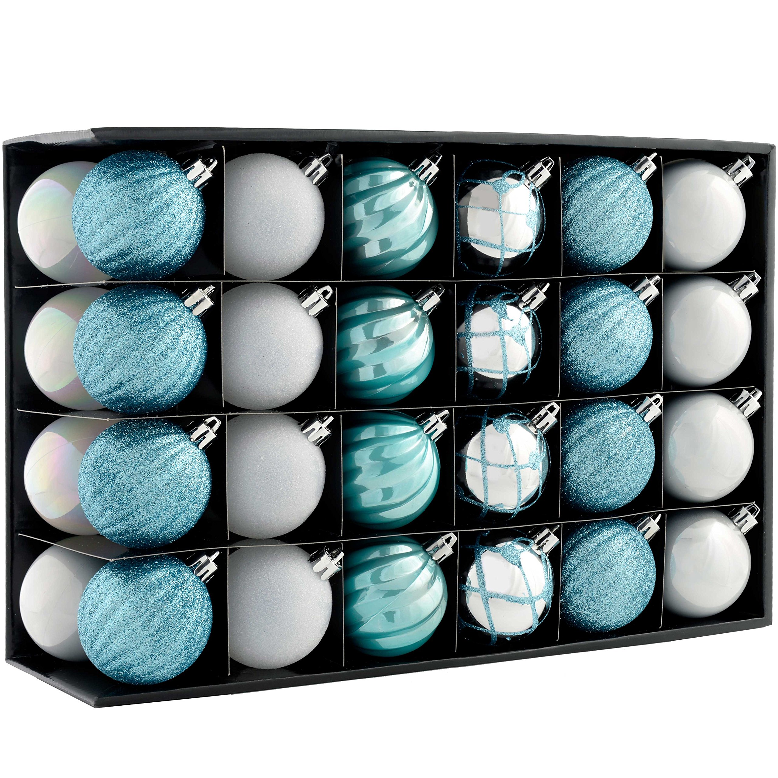 WeRChristmas Shatterproof Luxury Christmas Tree Baubles,Plastic, 48-Piece - Silver/Blue/White