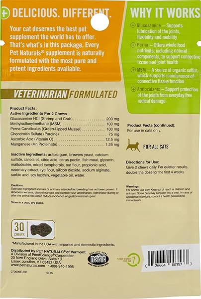 PET NATURALS HIP AND JOINT SUPPORT SUPPLEMENT FOR CATS, 30 CHEWS – GLUCOSAMINE, CHONDROITIN AND MSM FOR CATS
