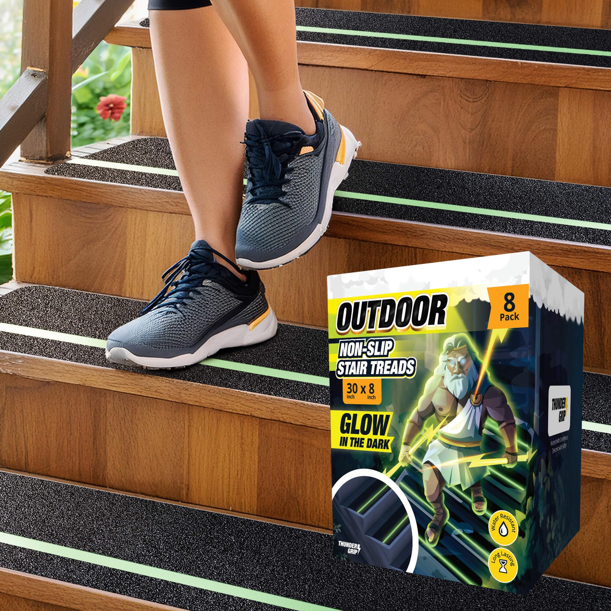 Photo 1 of Grip Tape for Stairs 30" x 8" - 8-Pack Outdoor Stair Treads Non-Slip Weather Resistant - Anti Slip Tape for Exterior Wooden Steps - Glow in The Dark Waterproof 80-Grit Adhesive Treads by Thunder Grip