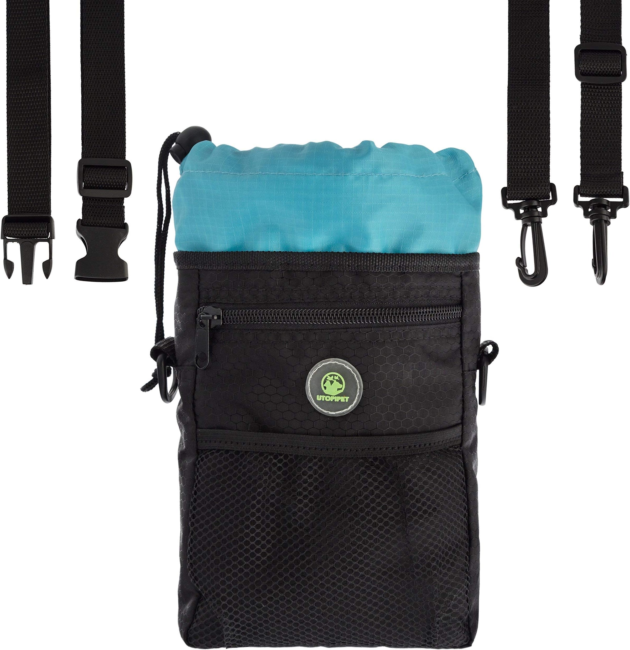 Dog Treat Pouch Training Poop Travel Bag with Collapsible Holder & Adjustable Belt Shoulder Strap Perfect for carrying Pet Food, Toys & Water + FREE BONUS Massage Ball & 2 Poop waste Bag Dispensers.