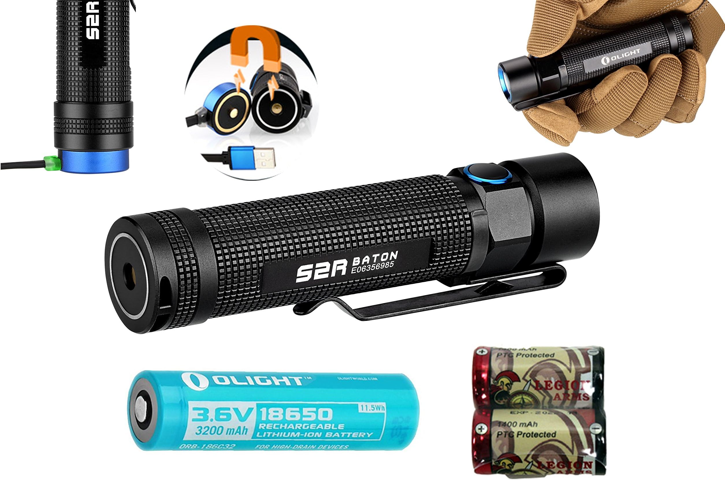 Olight S2R Baton S2 Rechargeable 1020 Lumen CREE LED Flashlight EDC with customized 18650 Li-ion battery, magnetic USB charging cable and two LegionArms CR123A back up Batteries