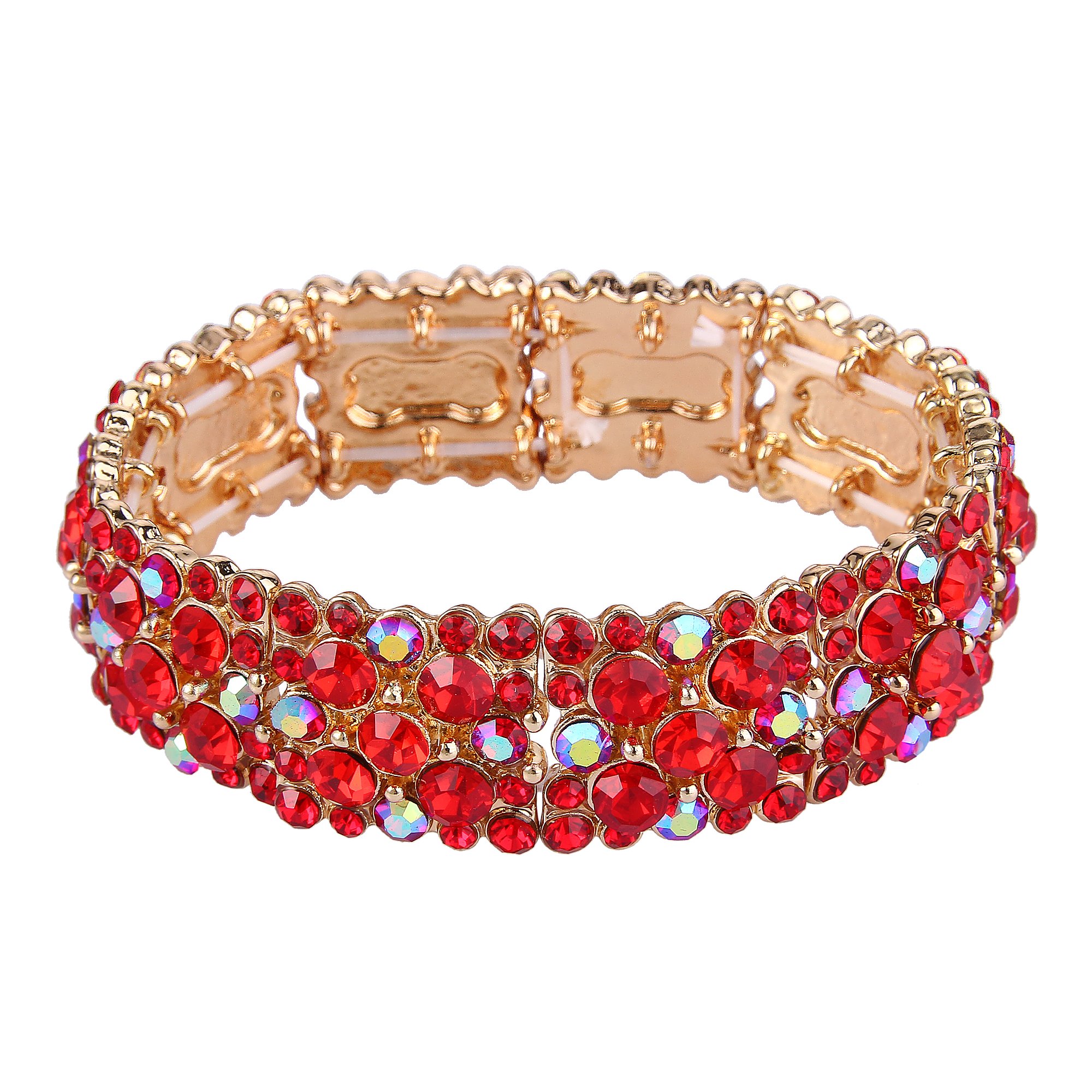 Ever Faith Red Crystal Bracelet for Women, Sparkly Rhinestone Statement Adjustable Elastic Stretch Bracelets Wedding Jewellery for Brides Bridal Gold-Tone — image 1
