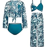 GRACE KARIN Teen Girls Bathing Suits Kids 4 Piece Long Sleeve Swimsuit Kimono Up Pants Bikini Tankini Set Swimwear