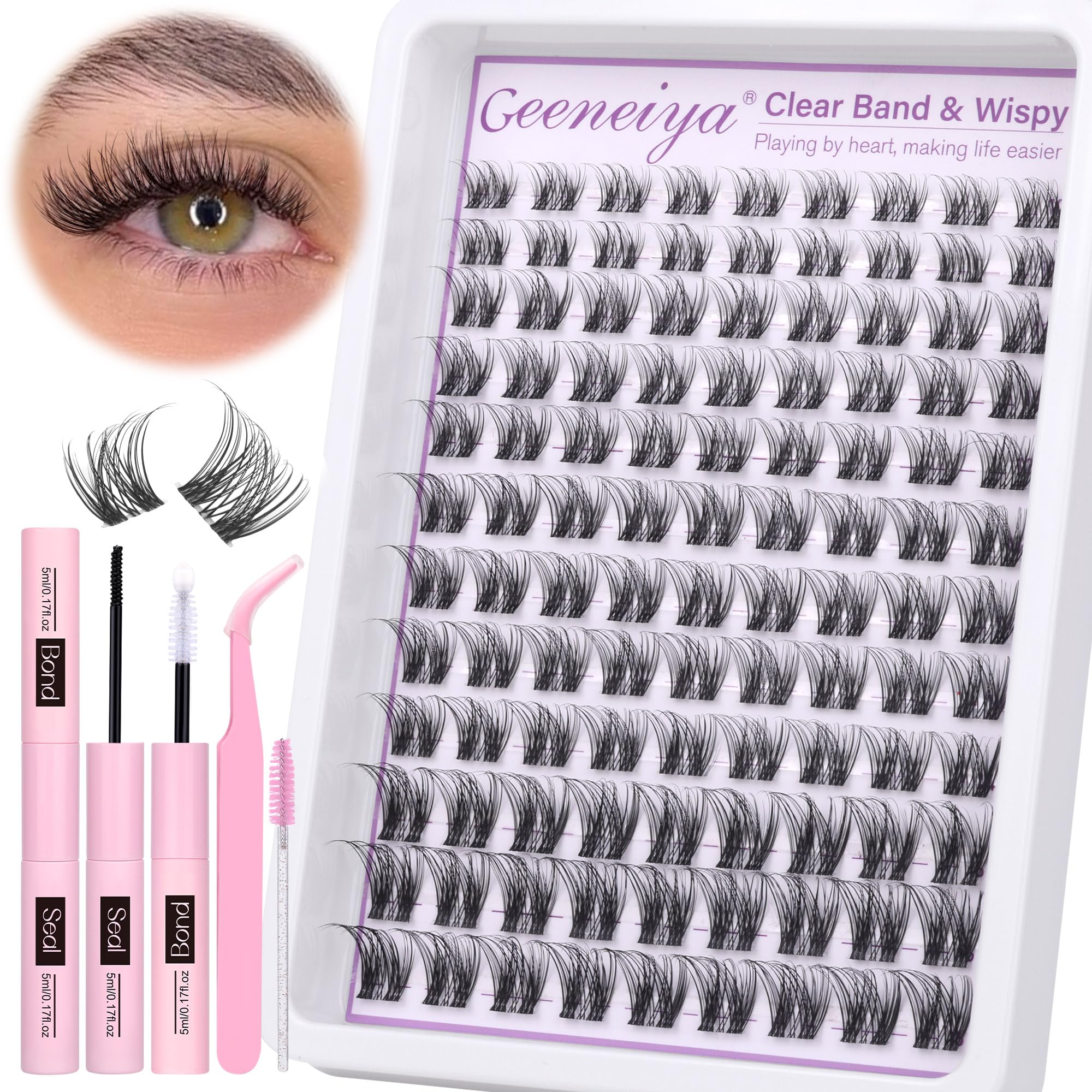 Photo 1 of Clear Band Natural Lash Clusters Kit Wispy Eyelash Clusters 10-16mm Lash Extension Kit CC Curl Invisible Band Eyelashes Extensions with Bond and Seal Lash Glue and Tweezers DIY at Home by Geeneiya