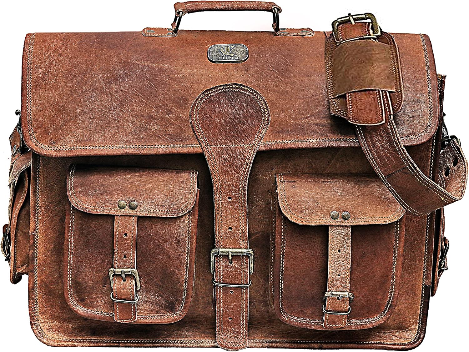 DHK 18 Inch Vintage Handmade Leather Travel Messenger Office Crossbody Bag Laptop Briefcase Computer College Satchel Bag For Men And Women (DARK BROWN): Computers & Accessories