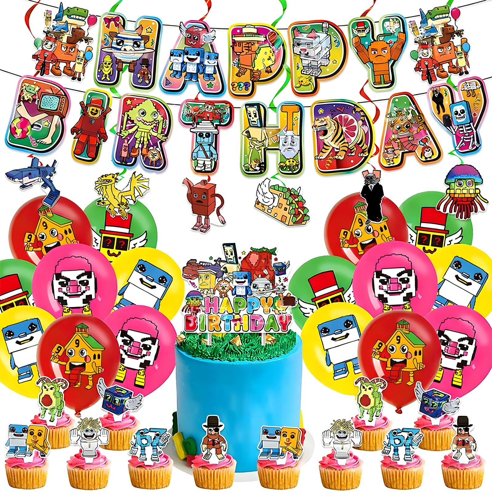 36Pcs Brainrot Birthday Decorations Set, Funny Brain Rot Party Decorations for Game Fans, Steal a Brainrot Cake Toppers, Balloons & Birthday Banner, Party Supplies for Boy and Girl