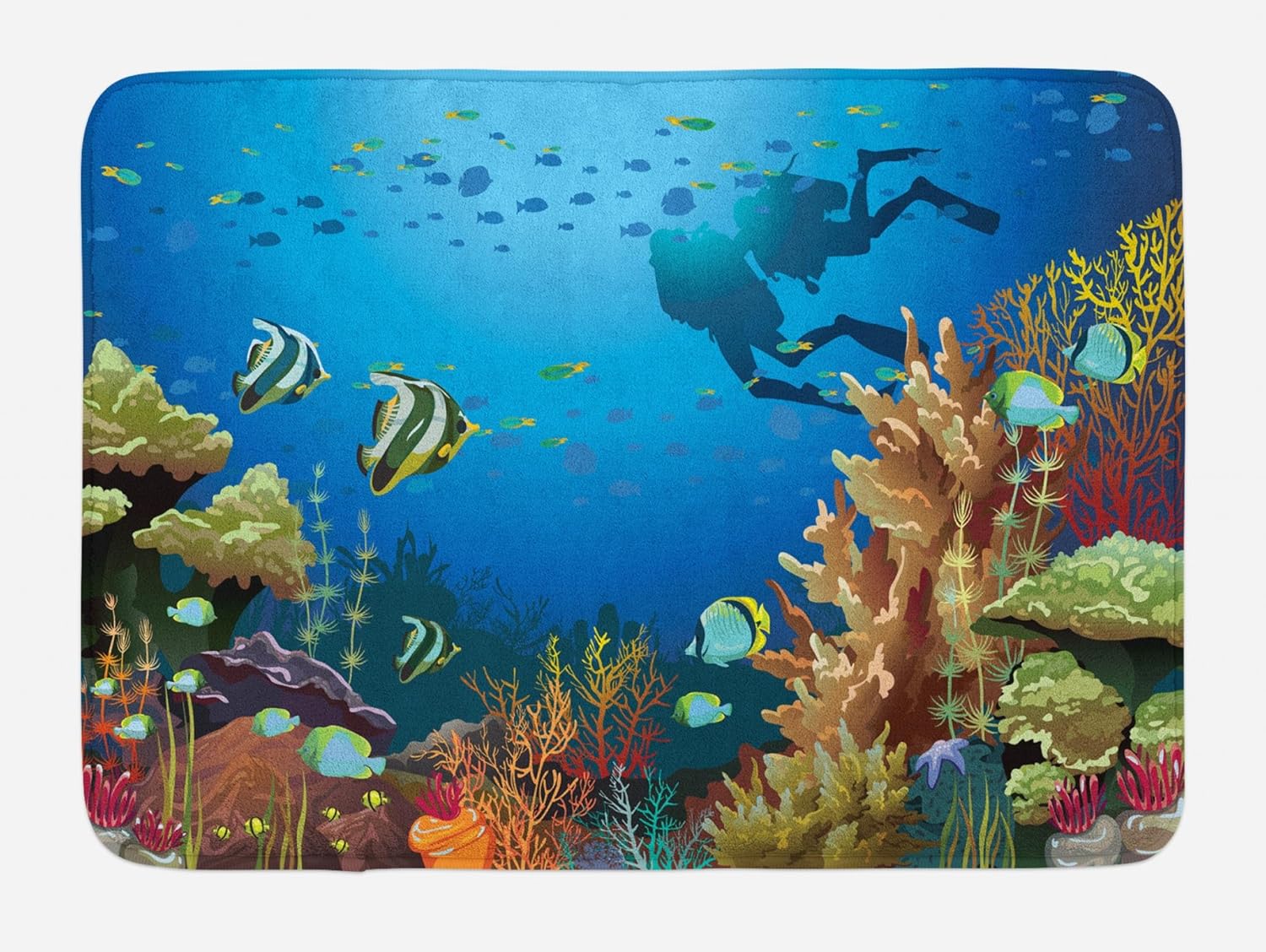 Amazon Com Lunarable Scuba Bath Mat Underwater Coral Reef Colorful Fauna 2 Diver Silhouettes Hobby Design Plush Bathroom Decor Mat With Non Slip Backing 29 5 X 17 5 Aqua Blue Kitchen Dining